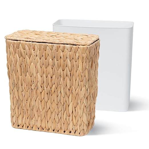 3 Gallon Wicker Trash CanSmall Bathroom Trash Can with LidNatural Water Hyacinth Wicker Waste Basket for BedroomToiletNarrow Garbage Can with Removable Liner