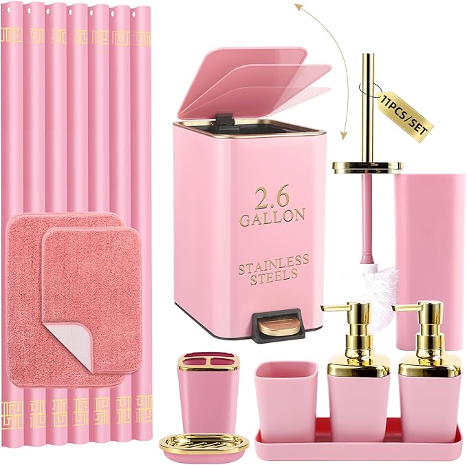 Bathroom Sets with Shower Curtain and Rugs Bathroom Accessories Set Pink Bathroom SetShower Curtain Set with Stainless Steel Trash Can