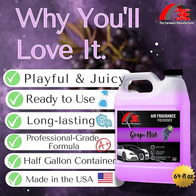3E Car Air Freshener Concentrate – 64 oz – Professional Automotive Fragrance – Multiple Scents (Grape)