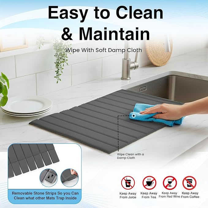 Large PU Leather Surface Quick Drying Dish Drying Mat with Diatomaceous Earth Stone For Kitchen Counter 25x16 – Foldable and Absorbent Kitchen Counter Mat Includes Silicone Faucet Mat Gray