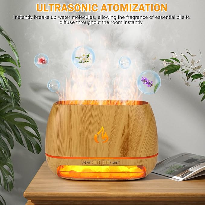 3-in-1 Ultrasonic Essential Oil Diffuser &amp Himalayan Salt Lamp Diffuser &amp 7 Colors Changing Oil Diffuser100% Pure Himalayan Pink Salt Rock Waterless Auto off-200ml (Wooden Grain)