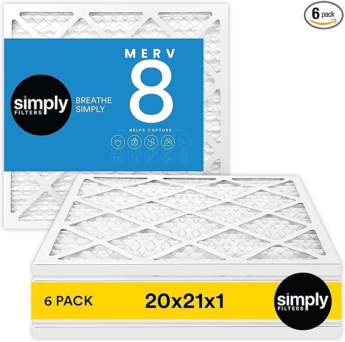 Simply 20x21x1 Air Filter Merv 8 6 Pack For Home AC Furnace &amp HVAC (Actual Size: 19.75x20.75x0.75) DUST Pet &amp Allergy Control