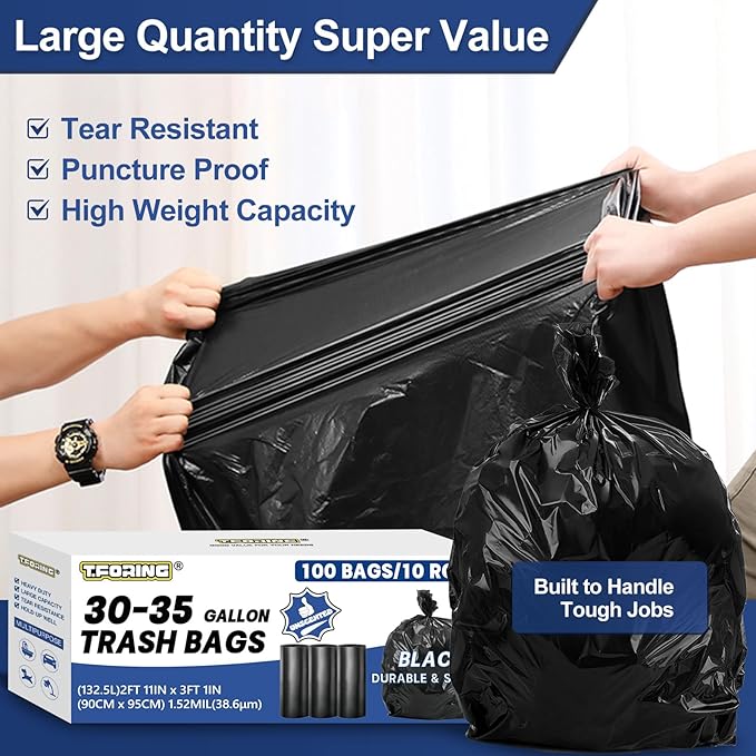 30-35 Gallon Trash Bags Heavy Duty 1.5 Mil - 35 x 37 100 Count Large Black Garbage Bags 30+ Gallon Strong Plastic Trash Can Liners for Home Kitchen Commercial Lawn and Leaf