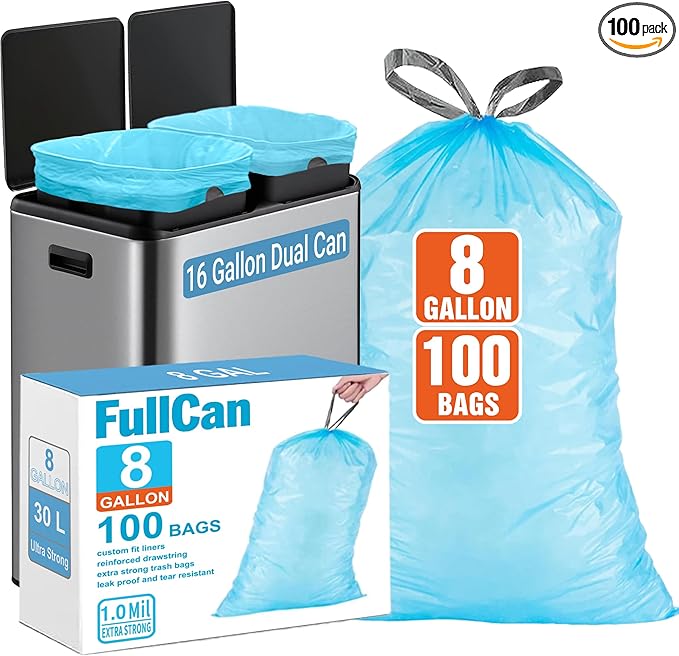8 Gallon Trash bags for Dual Trash Can (2 x 8 Gallon) 100 count Drawstring Kitchen Garbage Bags Pre-Separated Blue