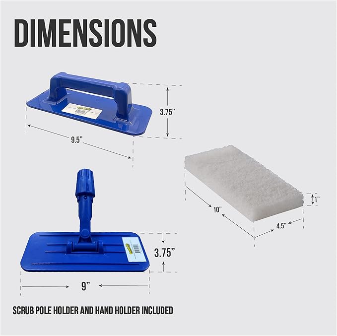 Scrub Doctor 8-Pack of 10 x 4.5 x 1 in. Assorted Large Scrub Pads with Pole Adapter and Handheld Scrub Pad Holder Set of Light to Strongly Abrasive Scrubbing Pads for Various Purposes