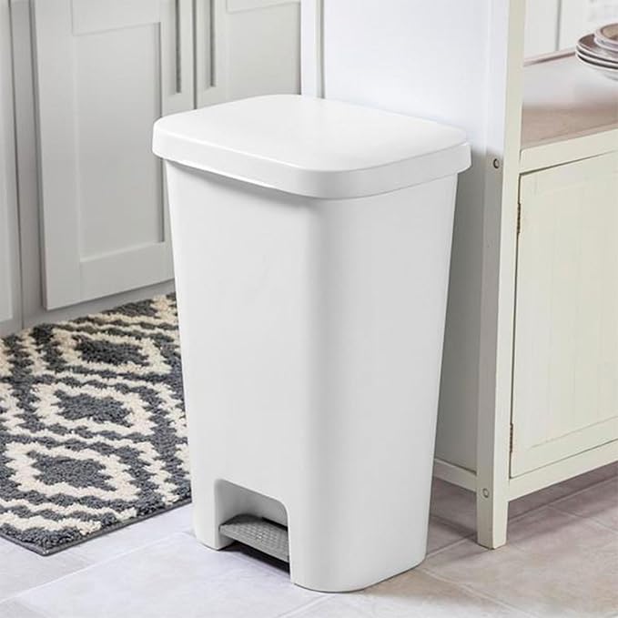 Sterilite 11.9 Gallon Rectangular Step On Kitchen Plastic Indoor Wastebasket with Wide Opening Lid and Comfort Handle for Home White (12 Pack)