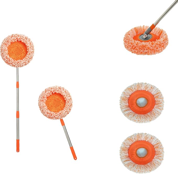AQWEI 360° Rotatable Adjustable Cleaning Mop Extendable Wall Cleaning Mop 360° Rotating Extendable Sunflower Mop Replacement Microfiber Chenille Dust Mop Wall Head (Orange125cm)
