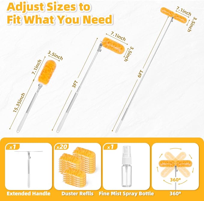 6 ft Extendable Handle with 20 Duster Refills Heavy Duty Duster Refills Kit Compatible with Swiffer 360 Disposable Microfiber Duster Pads for Ceiling Fan Window &amp Hard to Reach Areas Cleaning
