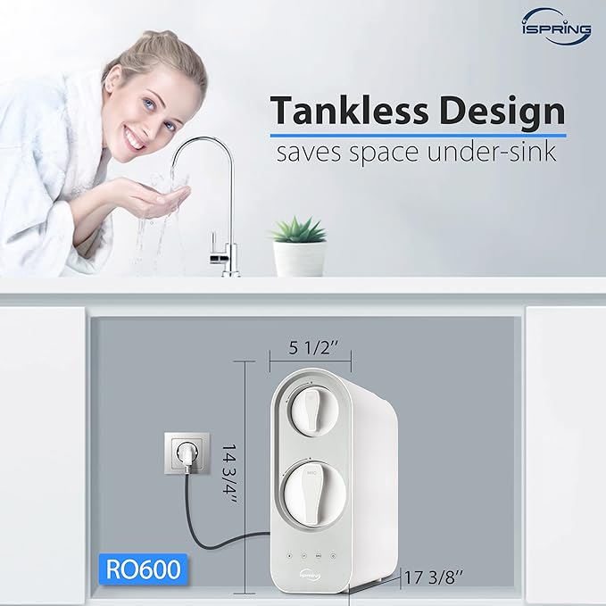 iSpring RO600BN Tankless Reverse Osmosis System Under Sink 600 GPD Fast Flow RO System 2.5:1 Pure to Drain Ratio RO Water Filter System Brushed Nickel Faucet White