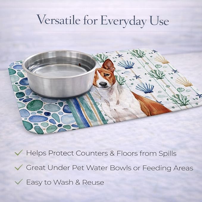 Caroline's Treasures Red and White Basenji Coastal Sea Glass Dish Drying Mat Absorbent Dish Drying Mat Pad for Kitchen Counter Dish Drainer Mat for Countertop 14 x 21 Multicolor