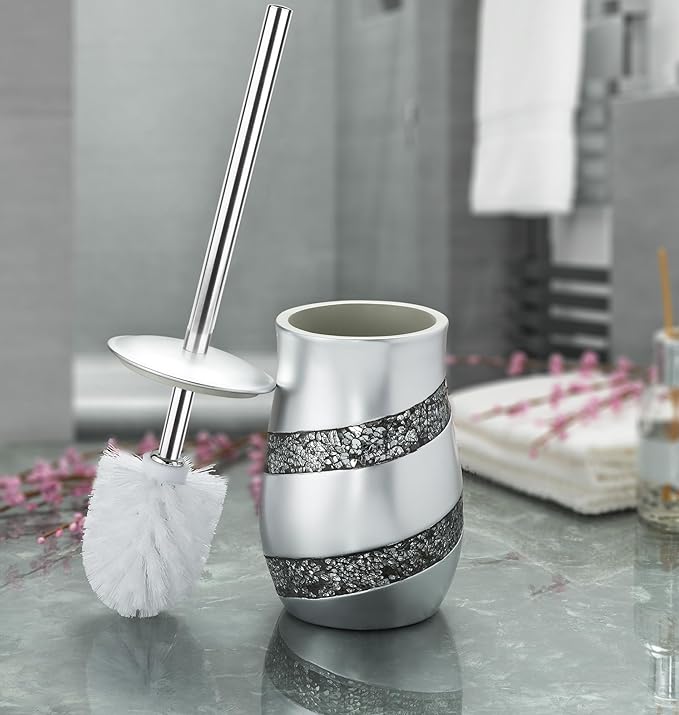 Creative Scents Silver Mosaic Toilet Brush and Holder Set - Toilet Bowl Brush and Holder Sturdy Toilet Cleaner Brush with Stainless Steel Handle Bathroom Toilet Scrubber Brush with Decorative Holder
