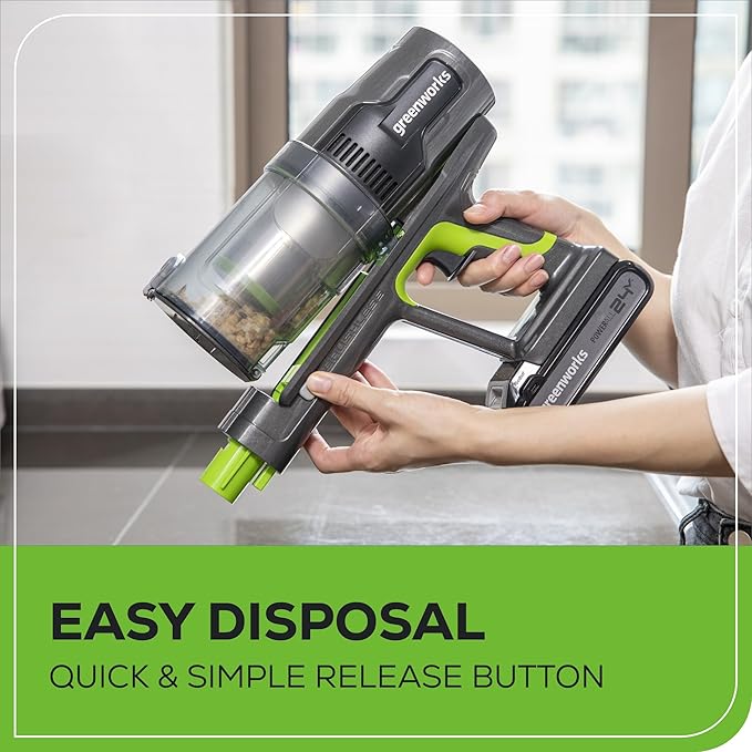 Greenworks 24V Brushless Cordless Stick Vacuum Lightweight Handheld Pet Anti-Allergen HEPA Filtration Hard Floor Carpet Car 4Ah Battery and 30-Minute Charge Time (Green)