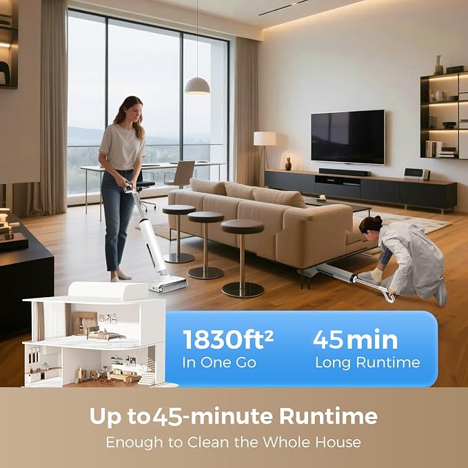 Wet Dry Vacuum Cleaner 17000Pa Cordless Vacuum Mop Combo for Hard Floors 180° Lay-Flat Design with Edge Cleaning Self-Cleaning Floor Washer Up to 45 Min Runtime LED Display &amp Voice Prompts