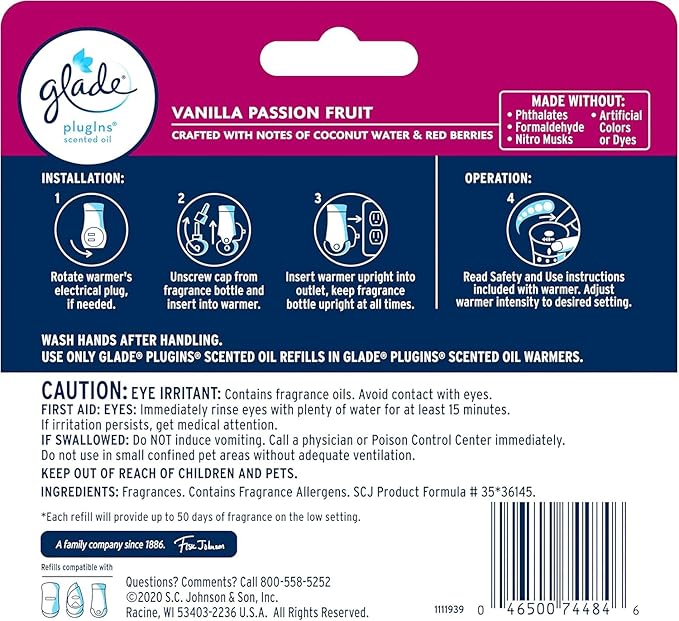Glade PlugIns Refills Air Freshener Scented and Essential Oils for Home and Bathroom Vanilla Passion Fruit 2.01 Fl Oz 5 Pack