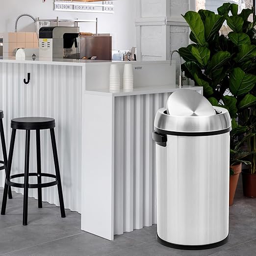 GarveeHome 17 gal/65 L Swing Top Trash Can Stainless Steel Rubbish Bin Commercial Grade Waste Container Round Garbage Can for Outdoor Home Office Restaurant Silver