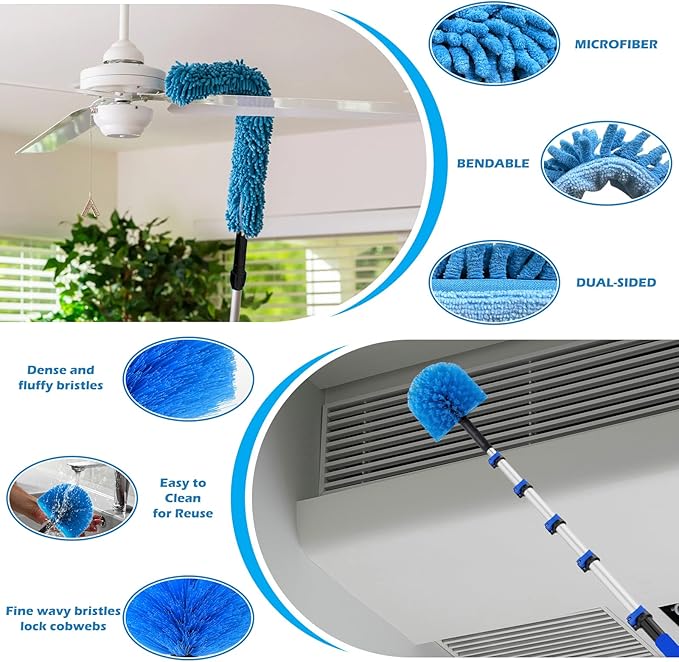 25FT Reach High Ceiling Duster Kits with 5-20FT Adjustable Pole - Includes Extra Long Duster High Ceiling Duster Rotatable Window Squeegee &amp Cobweb Duster for Ceiling Fans and Whole House Cleani