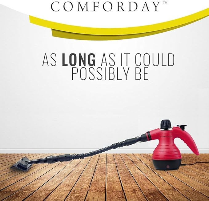 Comforday Handheld Pressurized Steam Cleaner - Multipurpose Steamer with 9-Piece Accessory Kit for Stain Removal Upholstery Curtains Car Seats Carpets Floors and Windows (Red)