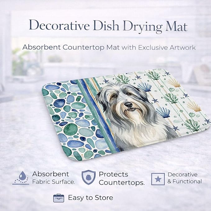 Caroline's Treasures Bearded Collie Coastal Sea Glass Dish Drying Mat Absorbent Dish Drying Mat Pad for Kitchen Counter Dish Drainer Mat for Countertop 14 x 21 Multicolor