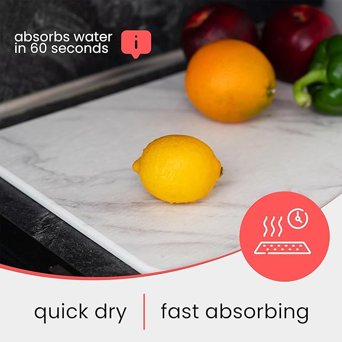 Stone Drying Mat for Kitchen Counter – Diatomaceous Earth Dish Drying Stone (White Marble) – Modern Countertop Drying Rack – Water Absorbent Heat Resistant Non-Slip Kitchen Mat with Towel (16x12)