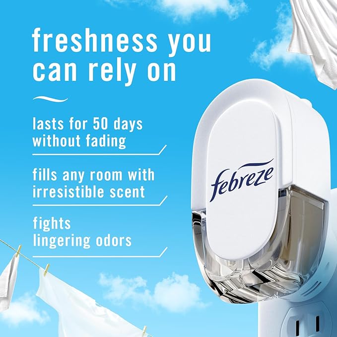 Febreze Plug In Air Freshener Odor-Fighting Scented Oil Refill For Home Bathroom &amp Kitchen Long Lasting for Strong Odors Linen &amp Sky Scent 0.87oz Refills 9 Count
