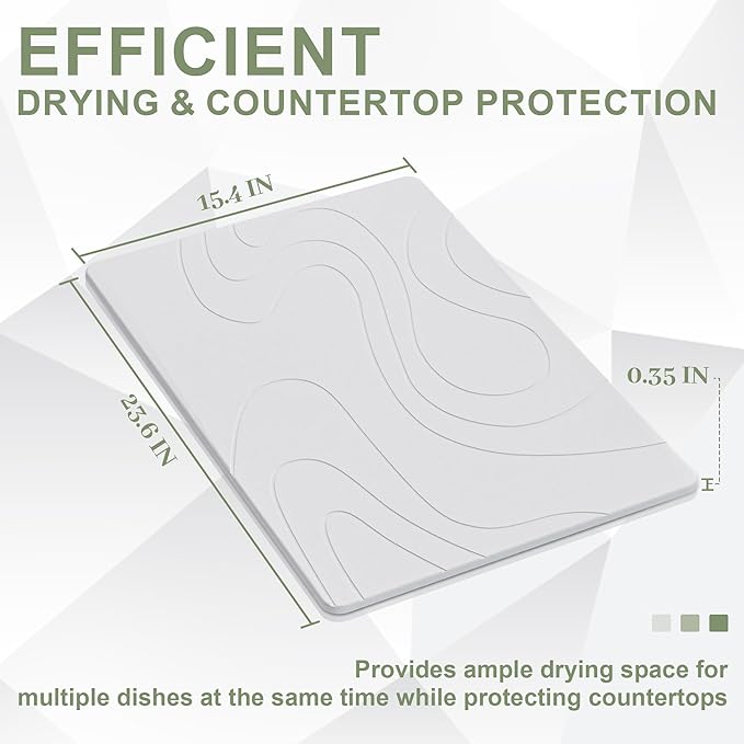 Large Stone Drying Mat for Kitchen Counter 24 × 16 Diatomite Dish Drying Mat Quick Dry Stone Mats Ultra Absorbent Natural Diatomaceous Earth Mats for Dished Bottles White