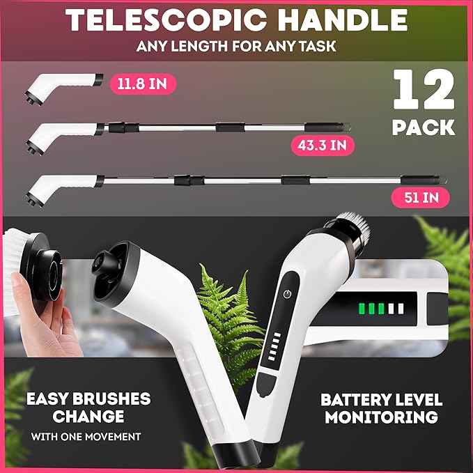 7-in-1 Electric Bathroom Scrubbing Brush 2500 mAh. Pack of 12 Telescopic Bathtub Scrubber with Long Handle. Electric Bathtub Scrubber. Portable Power Brush for Cleaning Bathroom Kitchen Car