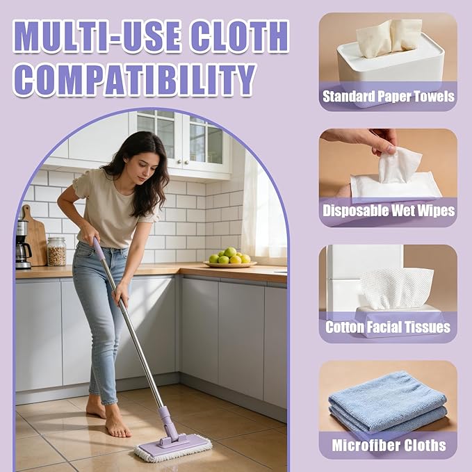Snap Grip Mini Mop Zero Touch Mini Mops Lazy Mops with Locking Head &amp 5 Reusable Cloths Wash-Free Mini Mop for Dry and Wet Use Long Handle Stick for Multi-Surface Cleaning (White)