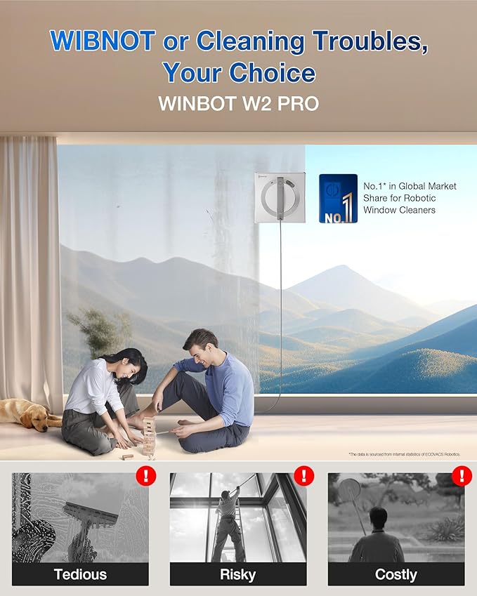 ECOVACS WINBOT W2 PRO Window Cleaning Robot 3 Nozzles Water Sprayer 10-Level Protection Win-SLAM 4.0 Path Planning Steady-Climbing Edge Detection App Control