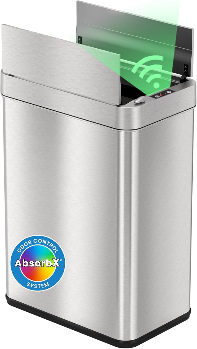 iTouchless 50 Liter / 13 Gallon Wings-Open Lid Sensor Kitchen Trash Can with Odor Filter – Dog-Proof Slim Automatic Stainless Steel Garbage Recycling Bin for Home Office Bedroom Business or Garage
