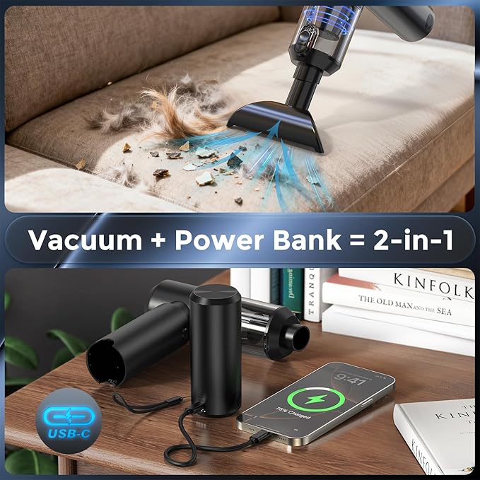 Cordless Handheld Vacuum with 6000mAh Power Bank &amp LED Light – 3-in-1 Car Vacuum Air Blower &amp Phone Charger 20000Pa Strong Suction 1lb Mini Vacuum for Car Home Pet Hair &amp Travel