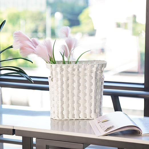 Wicker Waste Basket with Built-in Handles Multifunctional Mini Basket for Home and Office Compact Design and Durable Construction with Fine Artisanal Craftsmanship (White)