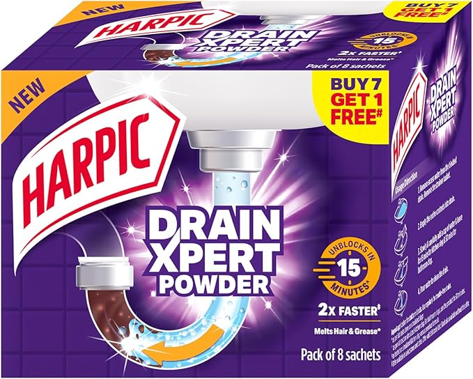 Harpic Drain Xpert Drain Cleaning Powder (50g x 8) | Removes Blockages in Pipes Sinks &amp Septic Tanks| Works within 30 minutes | Melts Grease &amp Dissolves Hair (Pack of 2)