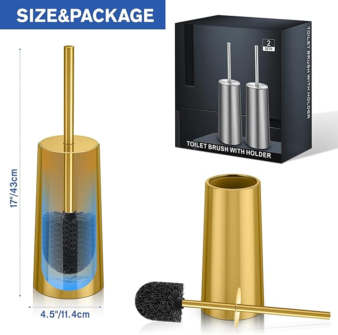 Toilet Brush and Holder 2 Pack Toilet Brush Stainless Steel Toilet Bowl Brush for Bathroom Toilet-Ergonomic ElegantDurable (Gold)