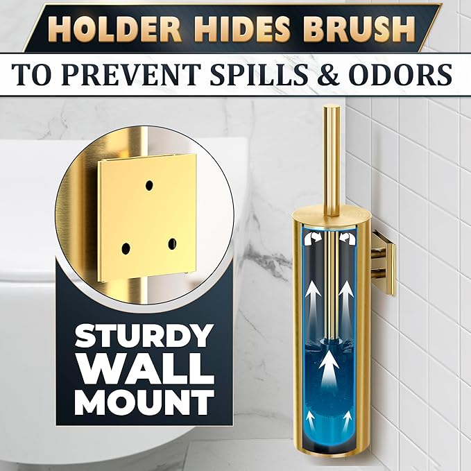 Gold Toilet Brush and Holder Set with Wall Mount - Modern Wall Mounted Toilet Brush Made from Corrosion-Resistant Stainless Steel - Removable Inner Bowl Splash Protection &amp Dense Bristles Supplie