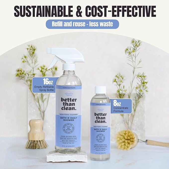 Better Than Clean™ Bath and Shower Cleaner Starter Pack – Fragrance Free Plant-Based Non-Toxic Bathroom Cleaner with 8oz Concentrate &amp 16oz Empty Refillable Spray Bottle