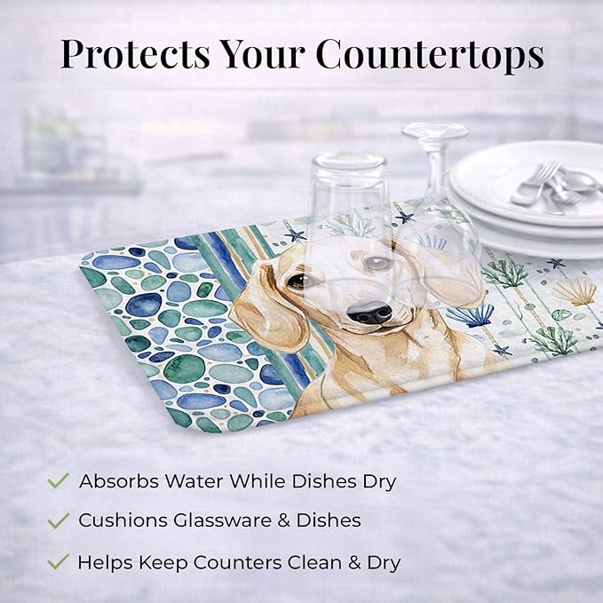 Caroline's Treasures Cream Dachshund Coastal Sea Glass Dish Drying Mat Absorbent Dish Drying Mat Pad for Kitchen Counter Dish Drainer Mat for Countertop 14 x 21 Multicolor