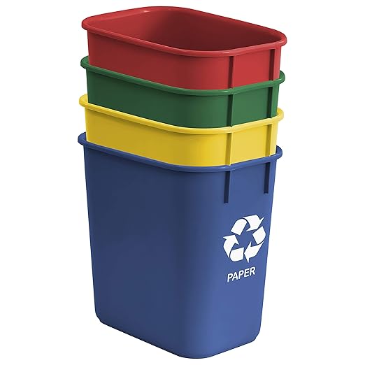 Acrimet Wastebasket Bin for Recycling 3.25 Gallon/13 Quart/12 Liter (Made of Plastic) (Metal/Yellow Paper/Blue Glass/Green Plastic/Red) (Set of 4)