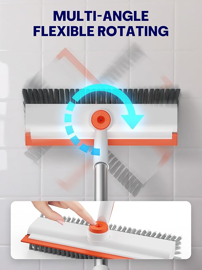 Floor Scrub Brush with Long Handle 3 in 1 Scrape and Heavy-Duty Stiff Bristle Floor Scrubber Brush with Squeegee and Tweezer for Cleaning Tile Wall Deck (Orange and White)