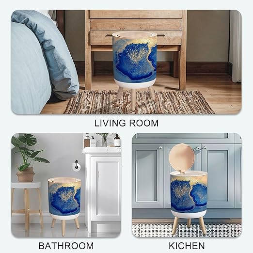 Small Trash Can with Lid Navy Blue Gold Abstract Marble 1.8 Gallon/7L Garbage Can Waste Bin with Press Top Lid Legs Waste Basket for Bathroom Kitchen Bedroom
