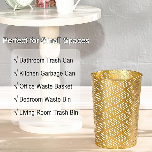 Metal Gold Trash Can Modern Cylindrical Gold Garbage Can Metal Waste Basket for Office Bathroom Bedroom &amp Small Spaces 7.28 D x 10 H
