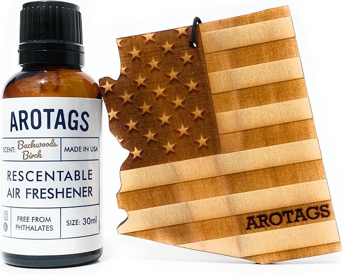 Arotags Car Air Freshener - Reusable Wood Diffuser - Hanging Odor Eliminator - Arizona Patriot - Backwoods Birch Scent