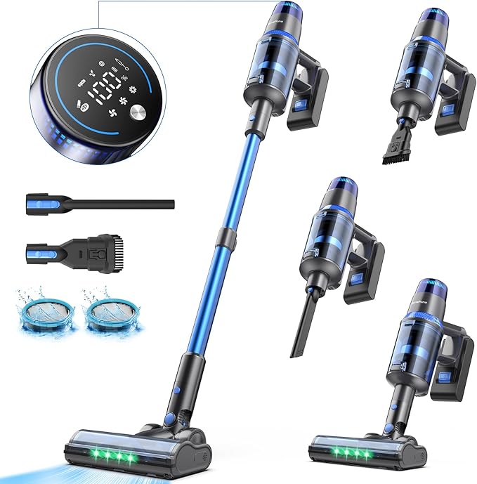 V25 Cordless Vacuum Cleaner 680W 60Kpa Powerful Stick Vacuum with Dust Sensor Digital Display 4000mAh Rechargeable Battery up to 60Mins Versatile for Pet Hair Floor Carpet (Navy)