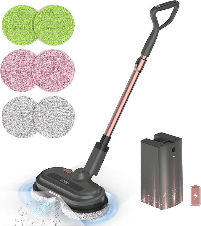 VMAI Cordless Electric Mop Electric Mops for Floor Cleaning Spin Mop with LED Headlight Water Spray Cordless Mop Up to 60 mins Detachable Battery Floor Scrubber for Hardwood Floors