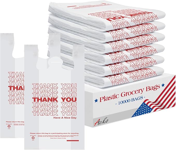 ACKO 10000 Count (10K) Plastic T-shirt Bags with Handle White 11.5 x 6.5 x 21 4 Gallon Thank You Bags for Grocery Take Out To Go Retail Shopping Bag Garbage Trash Bag for Home Office Kitchen