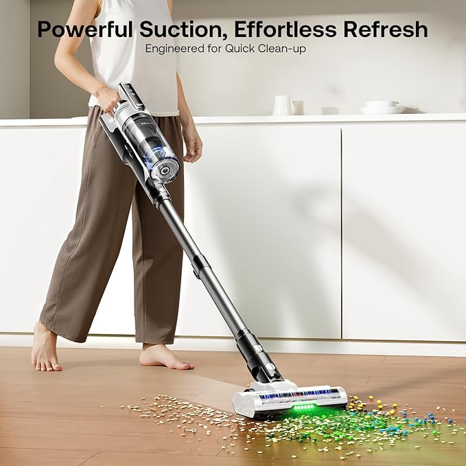 Trucozie Cordless Vacuum Cleaner Self-Standing Lightweight Stick Vacuum with 50 mins Runtime Powerful Suction Anti-Tangle Wireless Vacuum for Home Hardwood Floor Carpet Pet Hair White