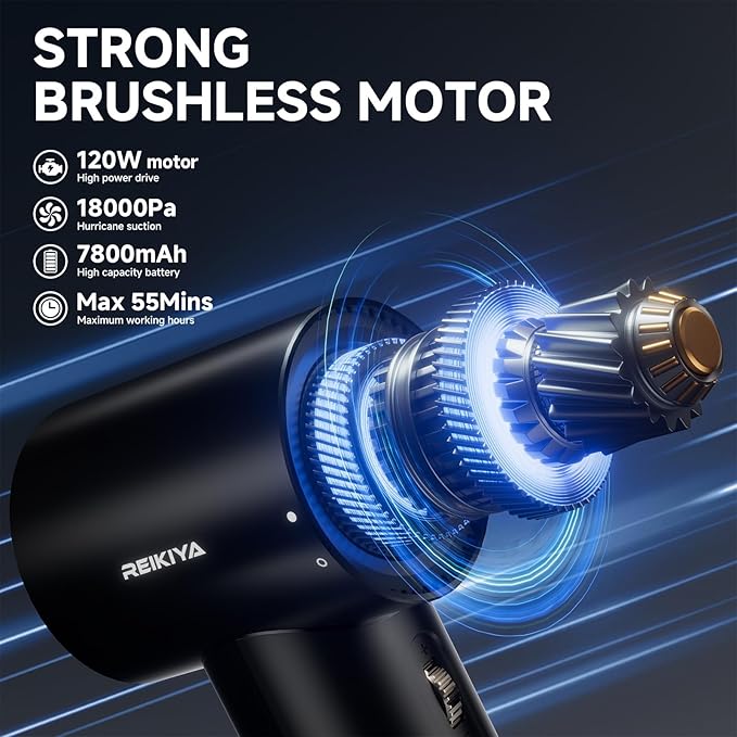 REIKIYA Compressed Air Duster 150000RPM Portable Air Blower for Computer Keyboard with LED Light 7800mAh Rechargeable 18000Pa Cordless Portable Vacuum Cleaner for Car Home Office
