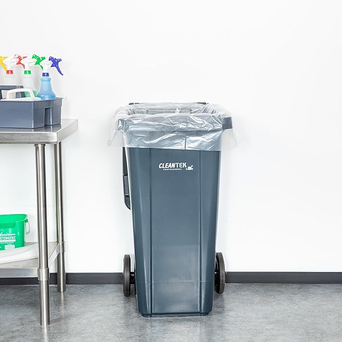 Restaurantware-RW Clean 45 Gallon Trash Bags 100 Heavy-Duty Garbage Can Liners- Fits 40-45 Gallon Trash Cans Stretchable Clear Plastic Bin liners with Star Seal Bottom