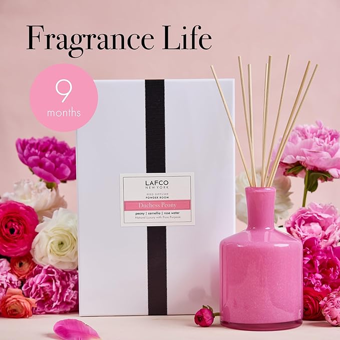 LAFCO New York Signature Reed Diffuser Duchess Peony - 15 oz - Up to 9 Months Fragrance Life - Reusable Hand Blown Glass Vessel - Natural Wood Reeds - Made in The USA
