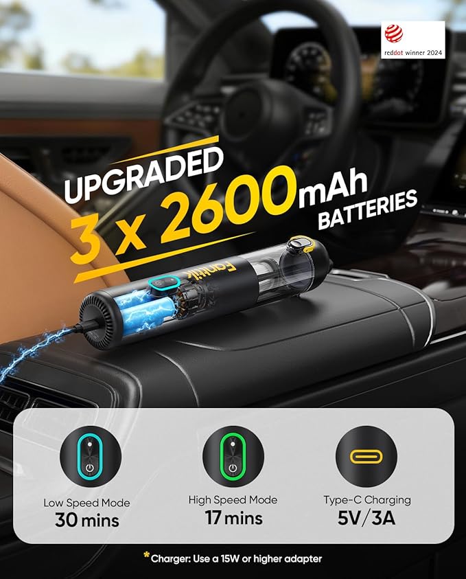 Fanttik V8 Mate Upgraded Cordless Car Vacuum Portable Mini Vacuum with 13000pa Suction Power 2 Suction Modes Type-C Charge Handheld Vacuum for Car Small Tasks Keyboards Office Desk (Black)