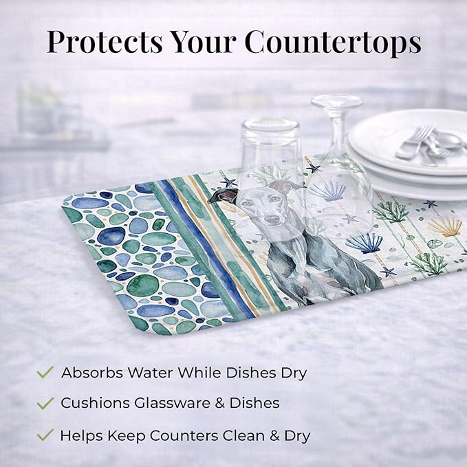 Caroline's Treasures Blue Brindle Greyhound Coastal Sea Glass Dish Drying Mat Absorbent Dish Drying Mat Pad for Kitchen Counter Dish Drainer Mat for Countertop 14 x 21 Multicolor